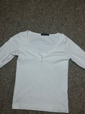 Brandy Melville White Ribbed Henley Long-Sleeve Top